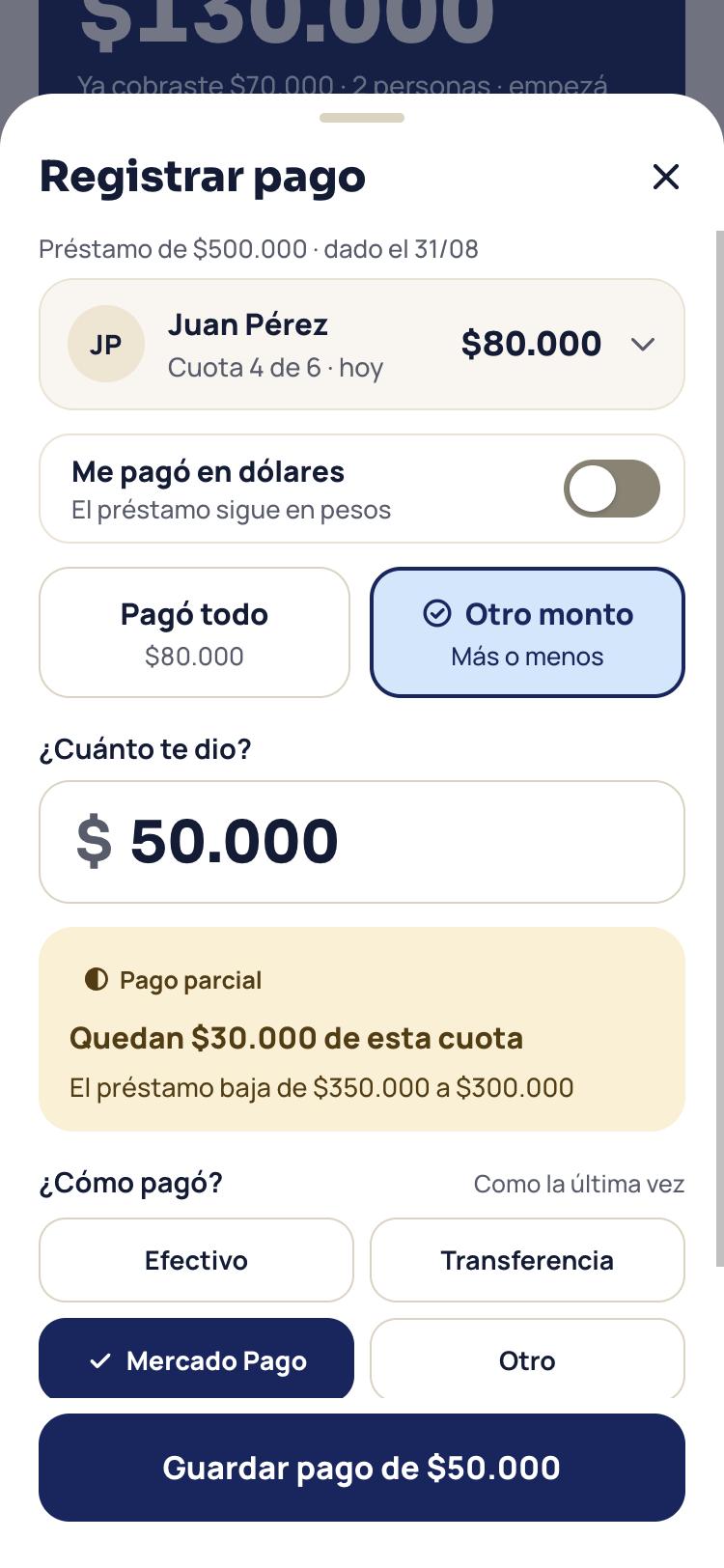 Pantalla de Nico para registrar un pago parcial de Juan