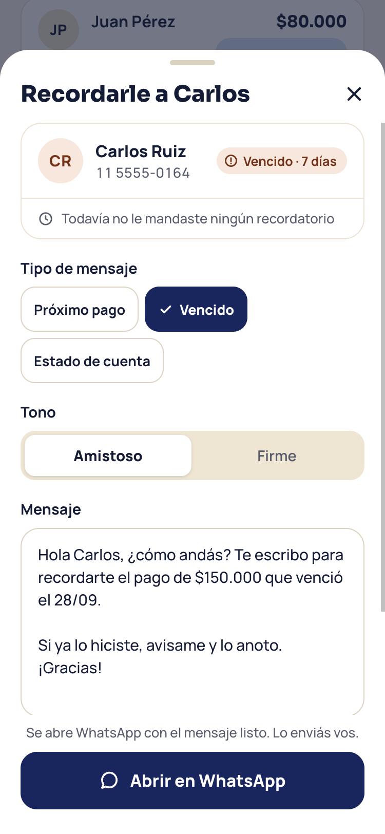 Pantalla de Nico con un recordatorio de WhatsApp listo para enviar